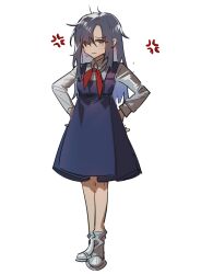 Rule 34 | 1girl, absurdres, aged down, angelia (girls&#039; frontline), anger vein, angry, blue dress, blue hair, blueblossom, brown eyes, collared shirt, commentary, dress, english commentary, full body, girls&#039; frontline, hair over one eye, hands on own hips, highres, long hair, long sleeves, neckerchief, red neckerchief, shirt, simple background, socks, solo, spoken anger vein, white background, white footwear, white shirt, white socks