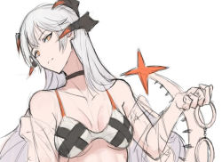 Rule 34 | 1girl, adapted costume, arknights, black choker, bra, breasts, choker, commentary, dragon girl, dragon horns, dragon tail, english commentary, grey hair, handcuffs, head tilt, holding, holding handcuffs, horns, kupikuuu, long hair, looking at viewer, medium breasts, off shoulder, saria (arknights), simple background, sketch, solo, tail, underwear, upper body, white background, yellow eyes