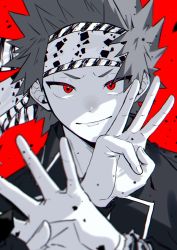 Rule 34 | 1boy, bandana, blurry, blurry foreground, boku no hero academia, depth of field, greyscale with colored background, hane11254, highres, kirishima eijirou, looking at viewer, male focus, red background, red eyes, spiked hair, spot color, upper body