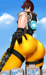 Rule 34 | 1girl, absurdres, ass, brown hair, ear piercing, female focus, giant, giantess, gloves, goggles, highres, huge ass, looking back, mkonstantinov, overwatch, overwatch 1, piercing, short hair, solo, tracer (overwatch)
