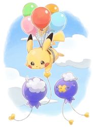 Rule 34 | balloon, brown eyes, closed mouth, cloud, commentary request, creatures (company), day, drifloon, floating, game freak, gen 1 pokemon, gen 4 pokemon, highres, looking down, nintendo, no humans, oniwa nwai, outdoors, pikachu, pokemon, pokemon (creature)