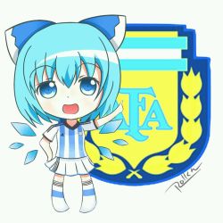 Rule 34 | 1girl, adidas, argentina, blue eyes, blue hair, blue ribbon, blush, bow, chibi, cirno, emblem, eyebrows, fairy wings, full body, hair bow, hair ornament, ice, ice wings, jersey, open mouth, pointing, ribbon, roll daikufu, short hair, signature, skirt, smile, soccer, soccer uniform, solo, sportswear, standing, touhou, white legwear, white skirt, wings, world cup