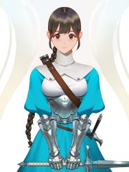 Rule 34 | 1girl, absurdres, aqua dress, armor, armored dress, belt, braid, braided ponytail, breasts, brown eyes, brown hair, commentary, dress, english commentary, gauntlets, highres, holding, holding sword, holding weapon, long braid, looking at viewer, medium breasts, original, puffy sleeves, scabbard, sheath, single braid, smile, solo, sword, underbust, upper body, v arms, weapon, white background, wonbin lee
