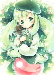 Rule 34 | 1girl, aikei ake, beret, blush, clover, commentary request, dress, flask, four-leaf clover, green eyes, green theme, hat, holding, long sleeves, looking at viewer, original, smile, solo, twintails