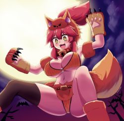 Rule 34 | 1girl, 2022, absurdres, animal collar, animal costume, animal ear fluff, animal ears, animal feet, animal hands, artist name, bat (animal), bell, black thighhighs, blush, breasts, bright pupils, cat paws, claws, cleavage, cloud, collar, commentary, english commentary, fangs, fate/grand order, fate (series), feet out of frame, fox ears, fox girl, fox tail, from below, full moon, hair between eyes, halloween, highres, jingle bell, keita naruzawa, large breasts, looking at viewer, moon, navel, neck bell, night, night sky, open mouth, outdoors, pink hair, ponytail, red collar, ringed eyes, sidelocks, single thighhigh, sky, solo, tail, tamamo (fate), tamamo cat (fate), thighhighs, tongue, tree, v-shaped eyebrows, white pupils, yellow eyes