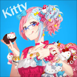 Rule 34 | 1girl, backpack, bag, bare shoulders, blue-framed eyewear, blue background, blue hair, blue nails, bracelet, camisole, character doll, choker, fingernails, gradient hair, hakusai (tiahszld), hello kitty, hello kitty (character), holding, jewelry, multicolored hair, nail polish, original, over-rim eyewear, pendant, pink camisole, pink choker, pink hair, purple eyes, purple nails, ring, sanrio, semi-rimless eyewear, side ponytail, simple background, solo