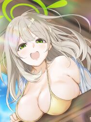 Rule 34 | 1girl, bikini, blue archive, breasts, collarbone, green eyes, green halo, half-closed eyes, halo, highres, large breasts, light brown hair, long hair, nonomi (blue archive), nonomi (swimsuit) (blue archive), open mouth, shuubetsukouta, smile, solo, swept bangs, swimsuit, teeth, upper body, upper teeth only, yellow bikini