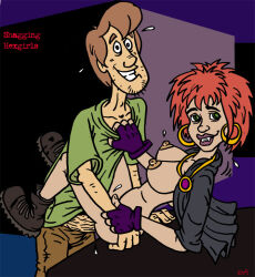 Rule 34 | boots, breasts, dark-skinned female, dark skin, earrings, fingerless gloves, gloves, holding another&#039;s wrist, hoop earrings, jewelry, luna (scooby-doo), lying on table, nipples, scooby-doo, scooby-doo and the witch&#039;s ghost, sex, shaggy rogers