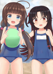 Rule 34 | 10s, 2girls, :d, absurdres, ahoge, ball, bare arms, bare shoulders, beach, beachball, black hair, blue eyes, blue one-piece swimsuit, blunt bangs, blush, brown hair, collarbone, covered navel, fang, gluteal fold, hair between eyes, hair ribbon, hand up, hands up, hank (spider921), highres, hinatsuru ai, holding, holding ball, long hair, low twintails, multiple girls, ocean, old school swimsuit, one-piece swimsuit, open mouth, red eyes, red ribbon, ribbon, ryuuou no oshigoto!, sand, school swimsuit, sidelocks, smile, swimsuit, teeth, twintails, upper teeth only, very long hair, water, yashajin ai