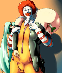 Rule 34 | 1boy, 1girl, ass, bad anatomy, bad id, bad pixiv id, blindfold, blood, bottomless, carrying, creepy, detached sleeves, fireman&#039;s carry, hatsune miku, hetero, horror (theme), ketchup, long hair, mcdonald&#039;s, negi suppository, no anus, object insertion, over shoulder, pussy, ronald mcdonald, saruanu, shoulder carry, smile, spring onion, thighhighs, twintails, uncensored, vaginal, vaginal object insertion, very long hair, vocaloid, what