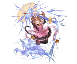 Rule 34 | 1girl, ;d, animal ears, antenna hair, apron, bell, black pantyhose, brown hair, cardcaptor sakura, cat ears, cat tail, collar, dress, full body, fuuin no tsue, granblue fantasy, green eyes, jumping, kero (cardcaptor sakura), kinomoto sakura, lightning, magic circle, magical girl, minaba hideo, neck bell, official art, one eye closed, open mouth, pantyhose, paw pose, simple background, smile, tail, thunder (clow card), transparent background, wand