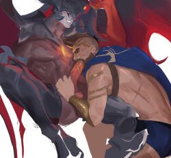 Rule 34 | 2boys, aatrox, bara, beard, cape, code2 ip, colored skin, dark-skinned male, dark skin, demon boy, erection, facial hair, feet out of frame, fellatio, from side, girthy penis, highres, interspecies, large pectorals, large penis, league of legends, male focus, mature male, mohawk, monster boy, multiple boys, muscular, muscular male, oral, pantheon (league of legends), pectorals, penis, red skin, scar, short hair, spread legs, thick eyebrows, unfinished, yaoi