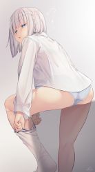 Rule 34 | 1girl, ass, bad id, bad pixiv id, blue bra, blue eyes, blue panties, blush, bra, bra visible through clothes, braid, colored eyelashes, commentary request, dressing, grey background, grey hair, highres, kneehighs, long sleeves, looking away, looking to the side, original, panties, ramchi, see-through, shirt, signature, silver hair-chan (ramchi), simple background, single kneehigh, single sock, socks, solo, striped clothes, striped panties, underwear, vertical-striped clothes, vertical-striped panties, white shirt, white socks