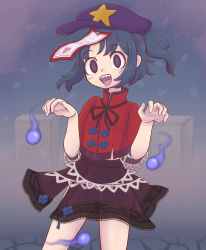 Rule 34 | 1girl, :d, black skirt, blue hair, contrapposto, drooling, hat, hat ornament, heart, heart print, highres, hitodama, jiangshi, keb00b, looking at viewer, miniskirt, miyako yoshika, mouth drool, ofuda, open mouth, outstretched arms, sharp teeth, short hair, skirt, smile, solo, star (symbol), star hat ornament, teeth, tombstone, touhou, zombie pose