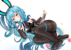 Rule 34 | 1girl, animal ears, azur lane, black leotard, blue hair, blush, bodystocking, boise (azur lane), boise (sheepish sapphire) (azur lane), bottle, braid, breasts, commentary request, cup, detached sleeves, fake animal ears, feet, flower, full body, green eyes, highres, holding, holding own hair, large breasts, leotard, long hair, long sleeves, looking at viewer, lying, miaogujun, nail polish, no shoes, official alternate costume, on side, pantyhose, pink flower, playboy bunny, purple nails, rabbit ears, simple background, smile, soles, solo, toes, very long hair, white background