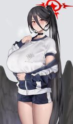 Rule 34 | 1girl, absurdres, black choker, black hair, black wings, blue archive, blue shorts, breasts, choker, closed mouth, commentary request, feathered wings, grey background, gym uniform, hair between eyes, halo, hasumi (blue archive), hasumi (track) (blue archive), highres, huge breasts, jacket, long hair, looking at viewer, low wings, partially unzipped, ponytail, red eyes, shirt, shorts, simple background, solo, very long hair, white shirt, wings, yagi 764364