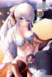 Rule 34 | 1girl, bare shoulders, black bow, blue eyes, blush, bow, bra, braid, breasts, cleavage, clothed sex, collarbone, dawapat, dress shirt, fate/grand order, fate (series), french braid, grey hair, hair bow, large breasts, long hair, looking at viewer, morgan le fay (chaldea satellite station) (fate), morgan le fay (fate), navel, nude, office lady, panties, pantyhose, ponytail, sex, shirt, sidelocks, solo, spread legs, thighhighs, thighs, underwear, very long hair