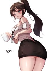Rule 34 | 1girl, absurdres, artist request, ass, bare shoulders, black hair, black skirt, blue eyes, blush, breasts, cowboy shot, cup, from behind, highres, holding, holding cup, lanyard, large breasts, long hair, looking at viewer, looking back, miniskirt, mug, off-shoulder shirt, off shoulder, open mouth, original, pencil skirt, ponytail, second-party source, shirt, short sleeves, simple background, skirt, solo, standing, thighs, underbutt, very long hair, white background, white shirt