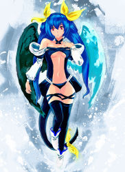 Rule 34 | 1girl, arc system works, asymmetrical wings, bad id, bad pixiv id, blue hair, dizzy (guilty gear), guilty gear, jyairo, midriff, red eyes, ribbon, solo, tail, tail ornament, tail ribbon, thighhighs, wings