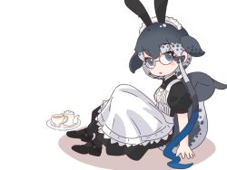 Rule 34 | alternate costume, alternate eyewear, animal ears, apron, black dress, black footwear, black pantyhose, blue eyes, blue hair, blush, bow, cetacean tail, cup, dress, enmaided, fake animal ears, fins, fish tail, frilled apron, frills, glasses, grey hair, hair between eyes, hair bow, kemono friends, kemono friends 3, long dress, looking at viewer, maid, maid day, maid headdress, mary janes, multicolored hair, narwhal (kemono friends), official alternate costume, pantyhose, rabbit ears, sarutori, shoes, short hair with long locks, solo, tail, teacup, teapot, tray, whale girl, white apron