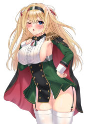 Rule 34 | 1girl, aiguillette, azur lane, blonde hair, blue eyes, blush, breasts, buttons, cape, center frills, epaulettes, framed breasts, frills, gorizia (azur lane), hair between eyes, hairband, hand on own hip, highres, itaba atsushi, large breasts, long hair, long sleeves, looking at viewer, medal, military uniform, one eye closed, open mouth, panties, red cape, sideboob, simple background, solo, sweatdrop, thighhighs, two side up, underwear, uniform, white background, white panties, white thighhighs