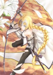 Rule 34 | 1girl, bare shoulders, black thighhighs, blonde hair, blue eyes, braid, breasts, chain, collarbone, enchuu, fate/apocrypha, fate (series), flower, headphones, headpiece, highres, jeanne d&#039;arc (fate), jeanne d&#039;arc (ruler) (fate), jeanne d&#039;arc (third ascension) (fate), lily (flower), long braid, open mouth, single braid, solo, thighhighs, torn clothes, torn thighhighs