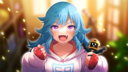 Rule 34 | 1girl, 60mai, :d, blue hair, blurry, blurry background, blush, character request, collarbone, fang, fingerless gloves, gloves, happy, holding, hood, hoodie, long hair, long sleeves, looking at viewer, messy hair, open mouth, pink eyes, puffy long sleeves, puffy sleeves, red gloves, sanpaku, simple background, sleeves past wrists, smile, solo, tongue, upper body, virtual youtuber, white hoodie