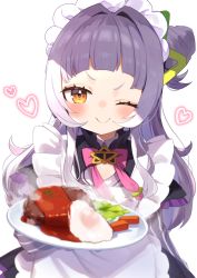 Rule 34 | 1girl, ;), alternate costume, apron, black dress, blush, bow, bowtie, brown eyes, child, dress, enmaided, food, hair bun, hair ornament, hamburger steak, heart, highres, holding, holding plate, hololive, long sleeves, looking at viewer, maid, maid headdress, murasaki shion, noi mine, one eye closed, pink bow, pink bowtie, plate, short eyebrows, simple background, single hair bun, smile, solo, upper body, v-shaped eyebrows, virtual youtuber, white apron, white background