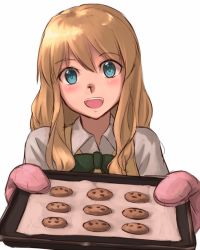 Rule 34 | 1girl, :d, blonde hair, blue eyes, blush, cookie, cooking, dessert, food, green ribbon, hair between eyes, happy, looking at viewer, open mouth, oven mitts, ranma (kamenrideroz), ribbon, simple background, smile, solo, white background