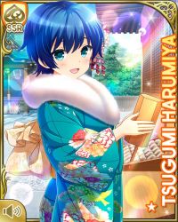 Rule 34 | 1girl, blue hair, breasts, card (medium), character name, day, female focus, flower, fur trim, girlfriend (kari), green eyes, green kimono, hair flower, hair ornament, harumiya tsugumi, japanese clothes, kimono, looking at viewer, official art, open mouth, outdoors, pink flowers, qp:flapper, short hair, smile, solo, standing, tagme