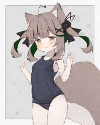 Rule 34 | 1girl, ahoge, animal ear fluff, animal ears, arms up, blue one-piece swimsuit, breasts, brown eyes, brown hair, highres, long hair, looking at viewer, old school swimsuit, one-piece swimsuit, original, ribbon, risu (ritharte), school swimsuit, small breasts, smile, solo, squirrel ears, squirrel girl, squirrel tail, swimsuit, tail, thighs, twintails