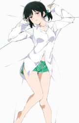 1girl bare_legs black_hair blush breasts collared_shirt dress_shirt green_shorts highres love_live! love_live!_nijigasaki_high_school_idol_club lying medium_breasts midriff_peek mifune_shioriko nagi_mkrnpn navel on_back oversized_clothes oversized_shirt partially_unbuttoned red_eyes shirt short_shorts shorts thighs tokimeki_no_mirai_chizu twintails white_shirt