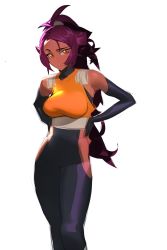 Rule 34 | 1girl, absurdres, bleach, blueisalanguage, breasts, commentary, cowboy shot, dark-skinned female, dark skin, elbow gloves, english commentary, gloves, hands on own hips, highres, long hair, looking at viewer, medium breasts, parted lips, ponytail, purple hair, shihouin yoruichi, solo, standing, white background, yellow eyes