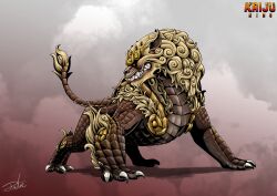Rule 34 | absurdres, brown scales, claws, english text, fangs, fur-tipped tail, godzilla (series), gradient background, gugenheim98, highres, horns, kaijuu, king caesar, komainu, mane, monster, monster focus, multiple horns, no humans, nostrils, pointy ears, scales, sharp teeth, signature, solo, standing, tail, teeth, yellow fur
