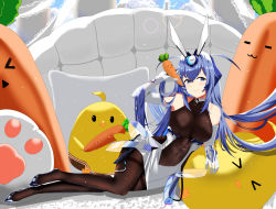 Rule 34 | &gt; &lt;, 1girl, :3, absurdres, azur lane, bare shoulders, black footwear, black pantyhose, blue eyes, blue hair, bodystocking, breasts, carrot, clothing cutout, elbow gloves, food, gloves, headgear, high heels, highres, holding, holding food, huge filesize, ksami, large breasts, long hair, looking at viewer, lying, manjuu (azur lane), new jersey (azur lane), on side, pantyhose, shoes, solo, stomach cutout, thighband pantyhose, very long hair, white gloves