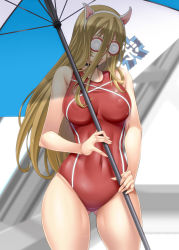 Rule 34 | 10s, 1girl, animal ears, ayato, bare arms, bare shoulders, beach umbrella, blonde hair, breasts, choker, closed mouth, coke-bottle glasses, competition swimsuit, covered navel, cowboy shot, emblem, covered erect nipples, fake animal ears, girls und panzer, glasses, gluteal fold, hair between eyes, highres, holding, holding umbrella, large breasts, long hair, nekonyaa, one-piece swimsuit, ooarai (emblem), red one-piece swimsuit, solo, swimsuit, umbrella