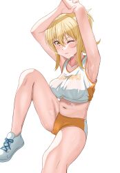 Rule 34 | 1girl, armpits, arms up, blonde hair, blush, breasts, breath, buruma, collarbone, commentary, commission, crop top, gym uniform, highres, leg up, looking at viewer, love live!, love live! nijigasaki high school idol club, medium breasts, midriff, miyashita ai, navel, one eye closed, parted lips, pixiv commission, pokehikaxyz, ponytail, shadow, shoes, sidelighting, simple background, sitting, stairs, steam, steaming body, sweat, thighs, track and field, white background, yellow eyes