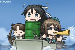 Rule 34 | 10s, 3girls, :d, ayanami (kancolle), barrel, beret, black hair, blue eyes, blue sky, boat, brown hair, cannon, commentary, dated, day, drum (container), closed eyes, flashlight, flying sweatdrops, hair ornament, hair ribbon, hairclip, hamu koutarou, hat, headgear, in container, kantai collection, katsuragi (kancolle), long hair, maya (kancolle), multiple girls, ocean, open mouth, ponytail, remodel (kantai collection), ribbon, side ponytail, sky, smile, sunglasses, sweat, watercraft