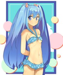 Rule 34 | 1girl, arms behind back, bad id, bad pixiv id, bikini, blue bikini, blue eyes, blue hair, border, breasts, domo1220, groin, hair bobbles, hair ornament, hatsune miku, long hair, looking at viewer, matching hair/eyes, navel, o-ring, o-ring bikini, o-ring top, outside border, polka dot, polka dot bikini, polka dot swimsuit, smile, solo, swimsuit, twintails, very long hair, vocaloid, white border