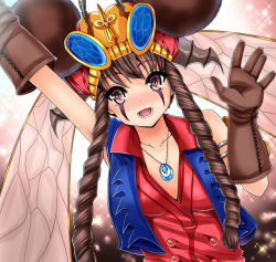 Rule 34 | 1girl, animification, bad id, bad pixiv id, blush, brown eyes, brown gloves, brown hair, crayon (medium), drill hair, facial tattoo, furaibijo, gloves, hat, insect wings, inu (marukome), jewelry, long hair, marker (medium), necklace, ninpuu sentai hurricanger, open clothes, open mouth, open vest, original, shirt, sleeveless, sleeveless shirt, smile, solo, super sentai, tattoo, traditional media, twin drills, upper body, very long hair, vest, wings