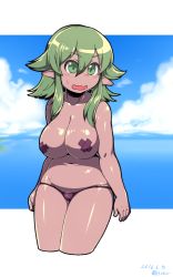 Rule 34 | 1girl, asakawa remon, blush, breasts, green eyes, green hair, large breasts, matching hair/eyes, open mouth, original, pasties, pointy ears, remona-san, solo, topless