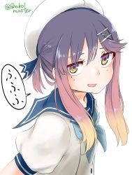 Rule 34 | 1girl, absurdres, blue neckerchief, blue ribbon, blue sailor collar, commentary request, gradient hair, hat, highres, kantai collection, looking at viewer, multicolored hair, neckerchief, one-hour drawing challenge, orange hair, purple eyes, purple hair, ribbon, roppako, sailor collar, sailor hat, school uniform, serafuku, short hair, short hair with long locks, sidelocks, simple background, solo, tsushima (kancolle), twitter username, upper body, white background, white hat