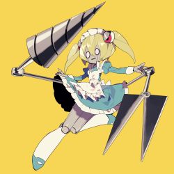 Rule 34 | 1girl, 2018, android, apron, blonde hair, dress, drill, frilled apron, frilled dress, frills, higa423, highres, leg up, lil miss marshmallow, maid, maid headdress, mother (game), mother 3, nintendo, scissors, smile, solo, twintails, yellow background
