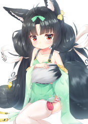 Rule 34 | 1girl, animal ears, azur lane, bare shoulders, black hair, blush, breasts, fox ears, hair ornament, highres, holding tail, japanese clothes, long hair, looking at viewer, low twintails, red eyes, sitting, smile, solo, tail, thighhighs, twintails, waftil, white thighhighs, yuubari (azur lane), yuubari (retrofit) (azur lane)