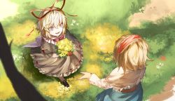 Rule 34 | 2girls, alice margatroid, black dress, black footwear, blonde hair, blue eyes, blue skirt, bouquet, capelet, dress, flower, from above, grass, hair ribbon, hairband, highres, kinketsu, long sleeves, looking at another, medicine melancholy, multiple girls, open mouth, outdoors, puffy short sleeves, puffy sleeves, red ribbon, ribbon, sash, shoes, short hair, short sleeves, skirt, touhou