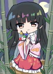 Rule 34 | 1girl, bamboo, bamboo forest, black hair, blunt bangs, bow, bowtie, branch, brown eyes, chibi, closed mouth, crescent, crescent pin, forest, frilled skirt, frills, full body, highres, hime cut, holding, holding branch, houraisan kaguya, japanese clothes, kimono, long hair, long sleeves, looking at viewer, nature, outdoors, pink kimono, ramudia (lamyun), red skirt, skirt, smile, solo, standing, touhou, twitter username, very long hair, white bow, white bowtie, wide sleeves