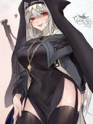 Rule 34 | 2girls, :d, arknights, bad id, bad pixiv id, black dress, black headwear, black legwear, breasts, cape, chibi, chibi inset, commentary request, covered navel, cowboy shot, dress, garter straps, habit, hair between eyes, heart, jewelry, kaguura (kagu), long hair, looking at viewer, medium breasts, multiple girls, nail polish, necklace, nun, open mouth, partial commentary, pelvic curtain, purple nails, red eyes, sharp teeth, silver hair, skadi (arknights), smile, specter (arknights), teeth, thighhighs, thighs, upper teeth only, weapon, zettai ryouiki