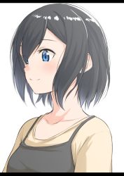 Rule 34 | 1girl, beige shirt, black dress, black hair, blue eyes, blush, closed mouth, collarbone, commentary request, dress, elbow gloves, eyes visible through hair, gloves, hair between eyes, hair over one eye, highres, letterboxed, looking away, original, short hair, simple background, sleeveless, sleeveless dress, smile, solo, suzunari shizuku, white background, yuki arare