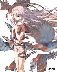 Rule 34 | 1girl, absurdres, alternate costume, animal, arknights, belt pouch, bird, black shirt, closed eyes, commentary request, dated, feathered wings, feathers, gaoling gangqin, head wings, highres, long hair, midriff, mulberry (arknights), navel, pheasant, pouch, shirt, shorts, simple background, solo, thigh strap, very long hair, white background, white feathers, white hair, white shorts, white wings, wings
