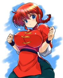 Rule 34 | 1girl, puff of air, blue eyes, bracer, braid, braided ponytail, breasts, chinese clothes, commentary request, covered erect nipples, cowboy shot, fumitsuki kyou, genderswap, genderswap (mtf), large breasts, looking at viewer, ranma-chan, ranma 1/2, red hair, red shirt, saotome ranma, shirt, short sleeves, solo, tangzhuang